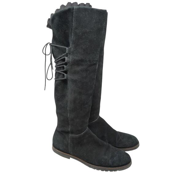 Lands’ End Black Suede Knee High Lace Up Winter Riding Boots Women’s Size 6B - Picture 1 of 8